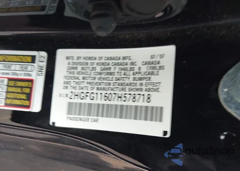 2007 Honda Civic Lx из США, поврежденный, VIN 2HGFG11607H578718